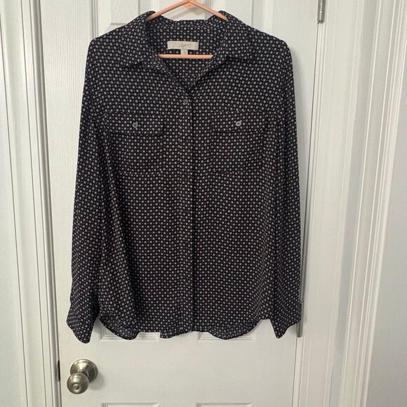 LOFT Black White Geometric Print Button Down Blouse Women’s Large - Picture 1 of 7